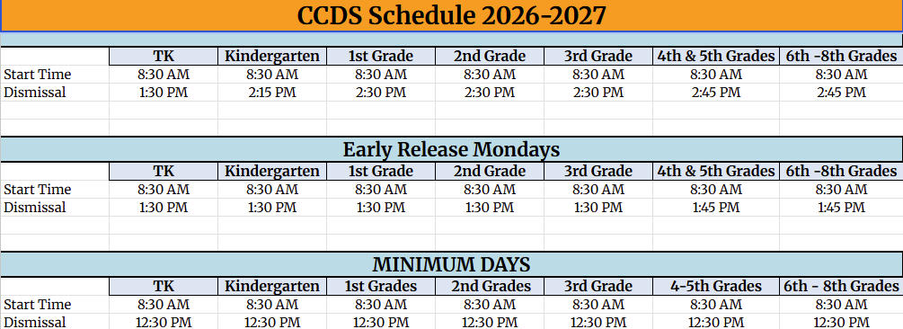School dismissal times by grade. The complete schedule is provided in the accessible table below.